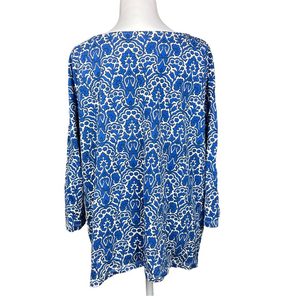 Talbots Plus 1X Button Sleeve Crewneck Tee Blue Ivory Woodland Damask - Picture 3 of 5